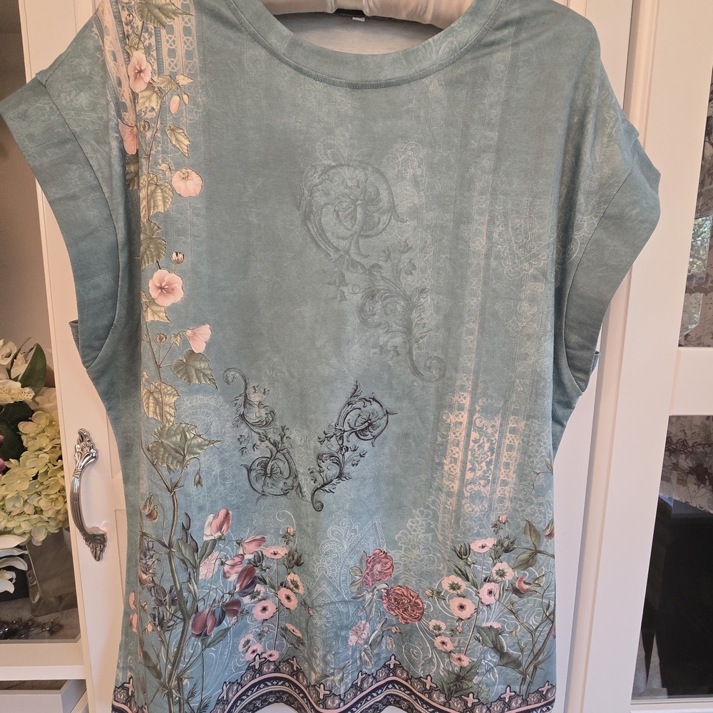 Women's Floral Print Short Sleeve Top - Teal